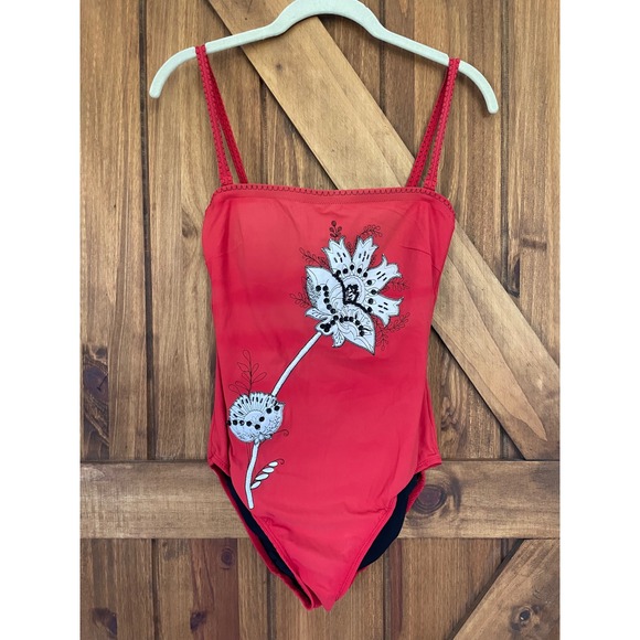 Gottex Other - Vintage Gottex Red Embroidered Square Neck One Piece Bathing Suit